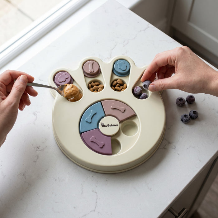 PawBehave Dog Puzzle Toy & Slow Feeder Bowl - Level 1 Interactive Puppy Treat Dispenser - Mental Enrichment Dog Toy to Prevent Gulping, Promote Healthy Digestion, and Turn Mealtime into Playtime